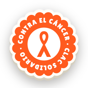 Clac solidario con forma de sello y el lema «CONTRA EL CÁNCER»