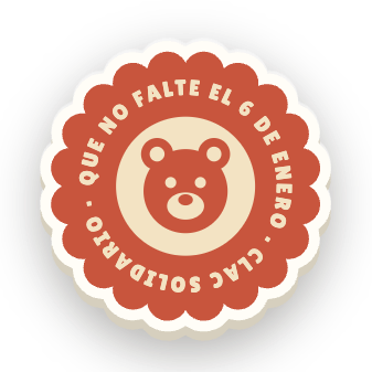 Clac solidario con forma de sello y el lema «QUE NO FALTE EL 6 DE ENERO»