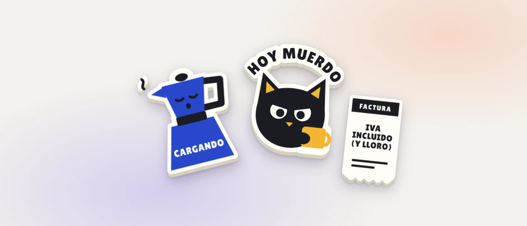 Tres clacs sobre fondo crema: una cafetera, un gato con cara de pocos amigos y una factura