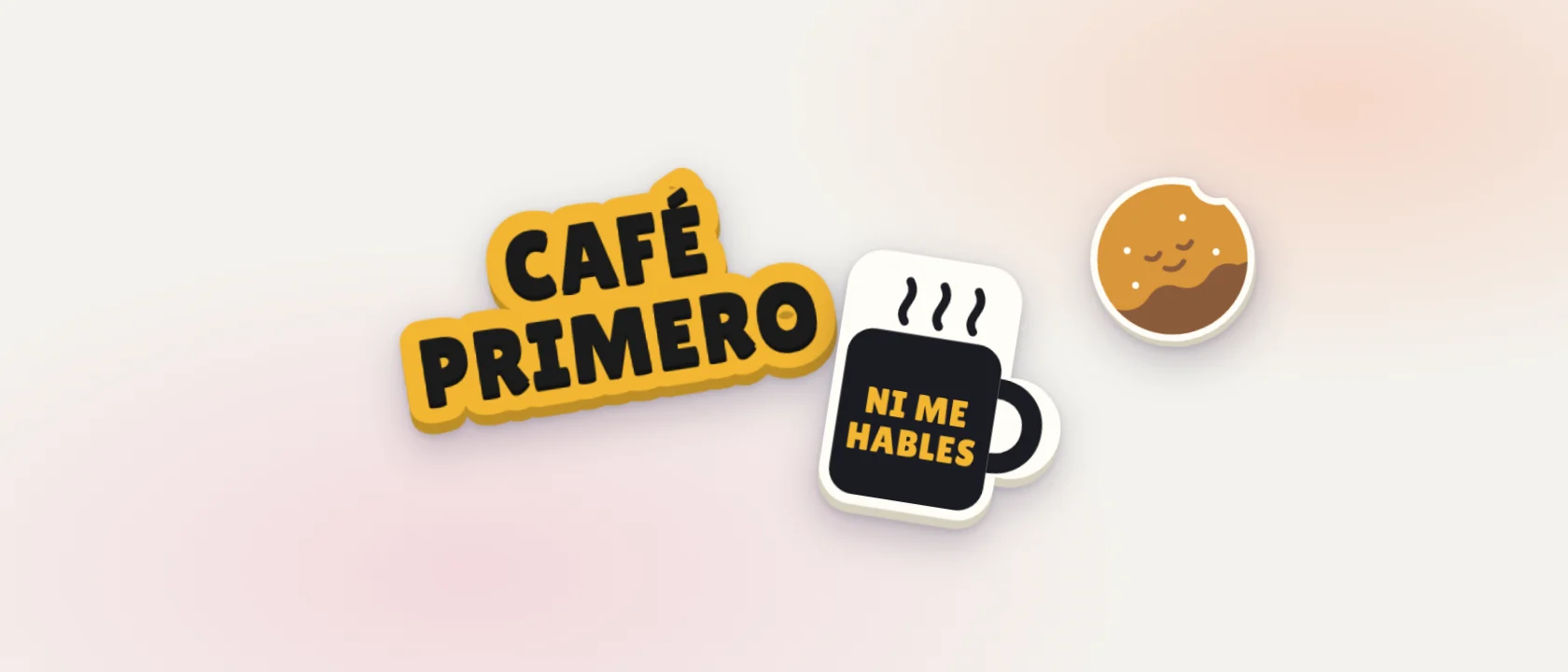 Tres clacs combinados: una frase de café, una taza y una galleta
