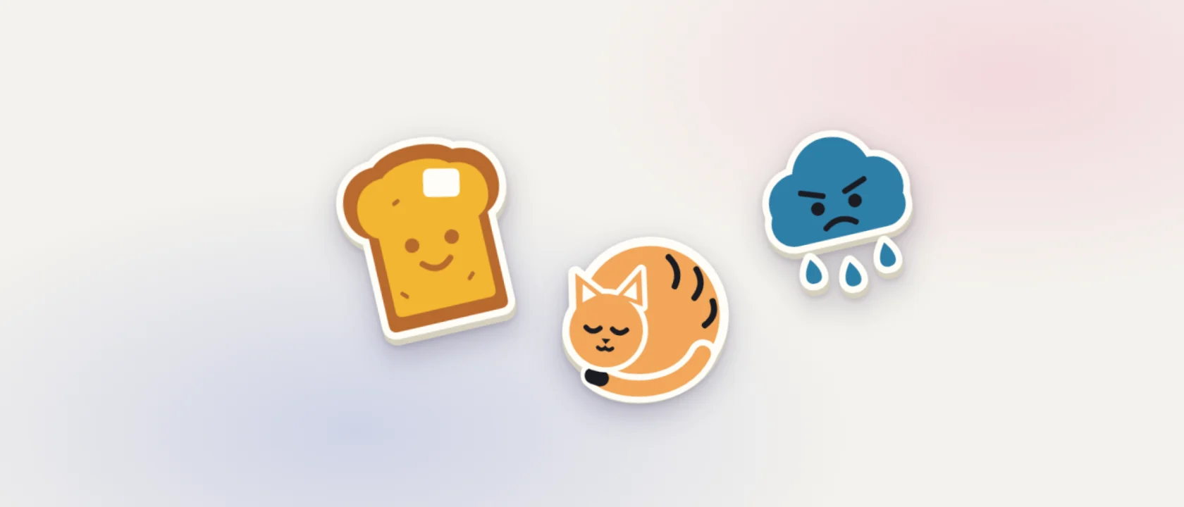 Tres clacs pequeños: una tostada, un gato hecho bola y un nubarrón