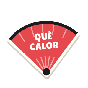 Clac con forma de un abanico y el texto «QUÉ CALOR»