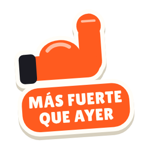 Clac con forma de un brazo sacando bíceps y el texto «MÁS FUERTE QUE AYER»