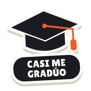 Clac con forma de un birrete de graduación y el texto «CASI ME GRADÚO»