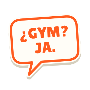 Clac con forma de un bocadillo de cómic y el texto «¿GYM? JA.»