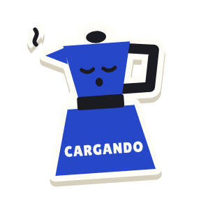 Clac con forma de una cafetera italiana y el texto «CARGANDO»