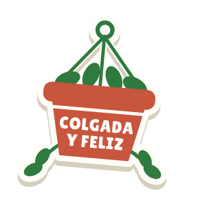 Clac con forma de una planta colgante y el texto «COLGADA Y FELIZ»