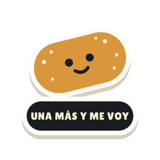 Clac con forma de una croqueta con cara y el texto «UNA MÁS Y ME VOY»
