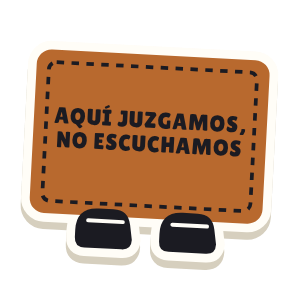 Clac con forma de un felpudo y el texto «AQUÍ JUZGAMOS, NO ESCUCHAMOS»