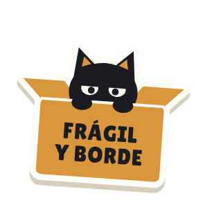 Clac con forma de un gato dentro de una caja y el texto «FRÁGIL Y BORDE»