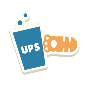 Clac con forma de un gato tirando un vaso y el texto «UPS»