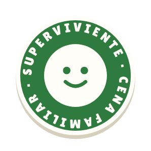 Clac con forma de una insignia redonda y el texto «SUPERVIVIENTE · CENA FAMILIAR»