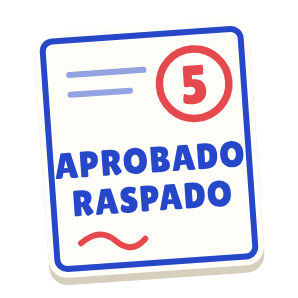 Clac con forma de un examen con un 5 y el texto «APROBADO RASPADO»