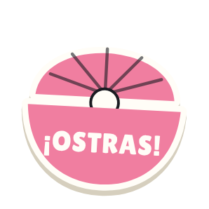 Clac con forma de una ostra con perla y el texto «¡OSTRAS!»