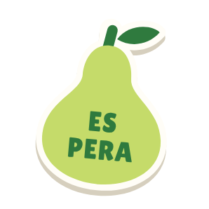 Clac con forma de una pera y el texto «ES PERA»