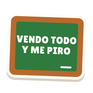 Clac con forma de una pizarra y el texto «VENDO TODO Y ME PIRO»