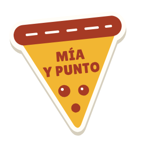 Clac con forma de una porción de pizza y el texto «MÍA Y PUNTO»