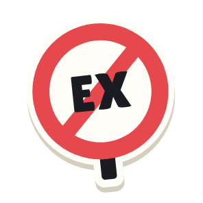 Clac con forma de una señal de prohibido y el texto «EX»