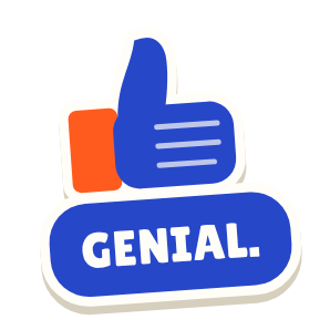 Clac con forma de un pulgar hacia arriba y el texto «GENIAL.»