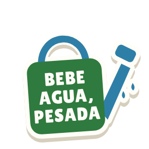Clac con forma de una regadera y el texto «BEBE AGUA, PESADA»