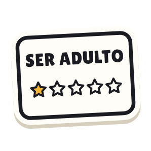 Clac con forma de una reseña con estrellas y el texto «SER ADULTO»