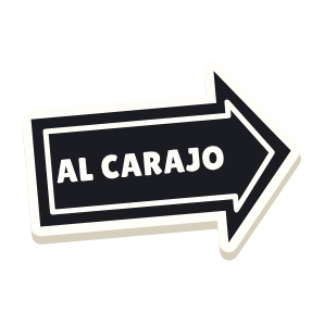 Clac con forma de una señal de dirección y el texto «AL CARAJO»