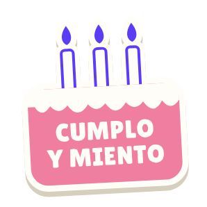 Clac con forma de una tarta con velas y el texto «CUMPLO Y MIENTO»