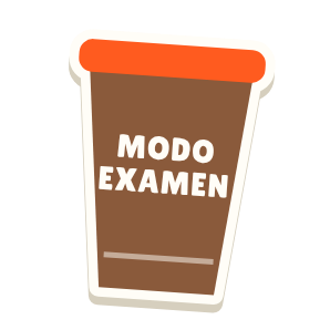Clac con forma de un vaso de café de máquina y el texto «MODO EXAMEN»