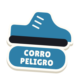 Clac con forma de una zapatilla de correr y el texto «CORRO PELIGRO»